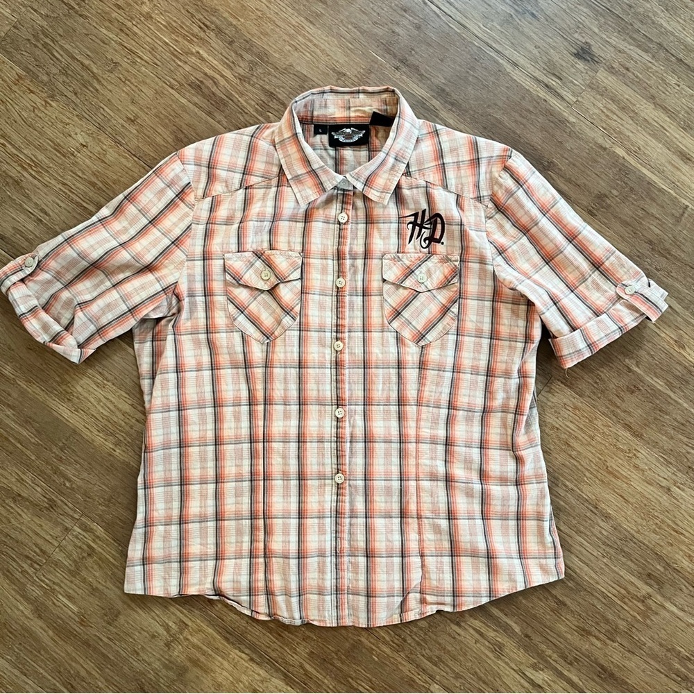Harley Davidson Y2K Plaid Button Up, orange, brown, Sz L